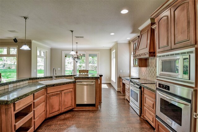 kitchen with sink, stainless steel appliances, a healthy amount of sunlight, and custom exhaust hood