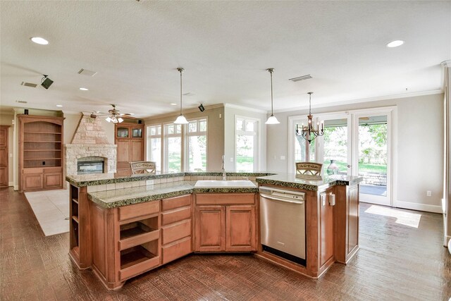 kitchen with a wealth of natural light, hardwood / wood-style floors, stainless steel dishwasher, and a fireplace