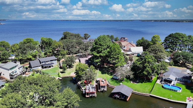 drone / aerial view featuring a water view