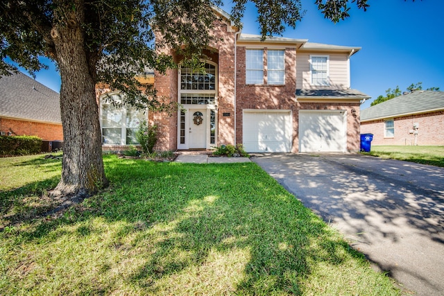 front facade with a garage and a front lawn