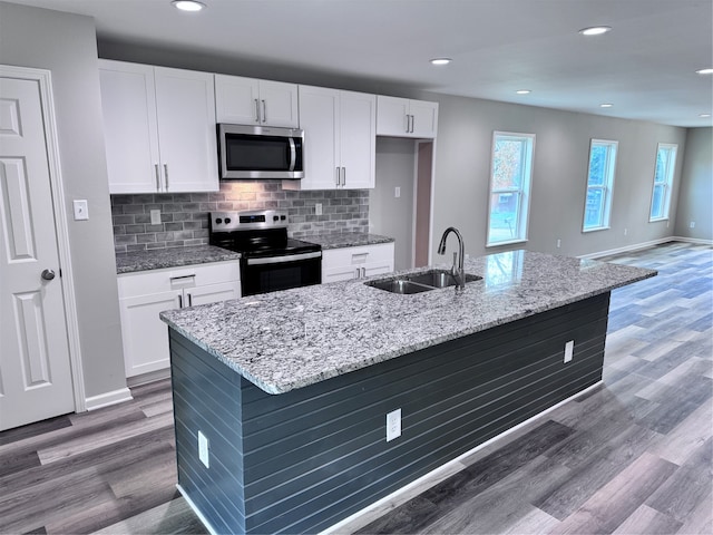 kitchen featuring dark hardwood / wood-style floors, stainless steel appliances, a center island with sink, and sink