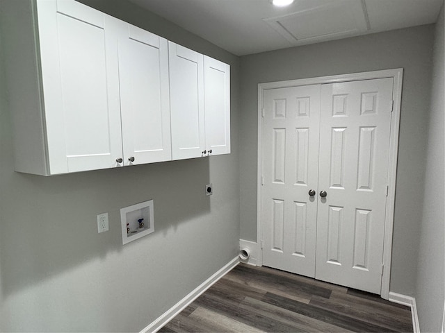 laundry area featuring washer hookup, dark wood-type flooring, cabinets, and hookup for an electric dryer