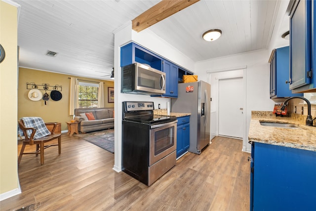 kitchen featuring sink, blue cabinets, and dark hardwood / wood-style flooring