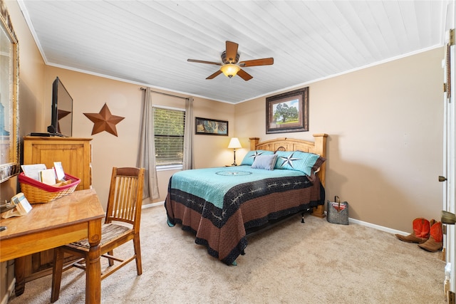 bedroom with light carpet, wood ceiling, crown molding, and ceiling fan