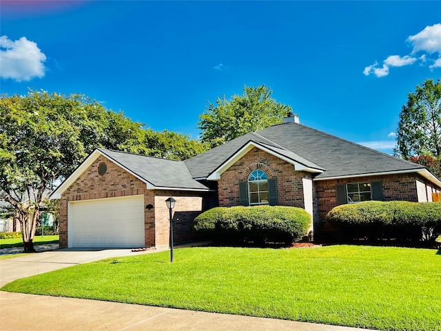 view of front of home with a front yard and a garage