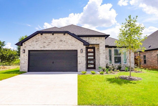 view of front facade featuring driveway, roof with shingles, an attached garage, a front lawn, and brick siding