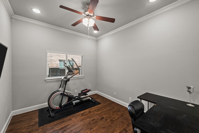 workout room with ceiling fan, hardwood / wood-style floors, and ornamental molding