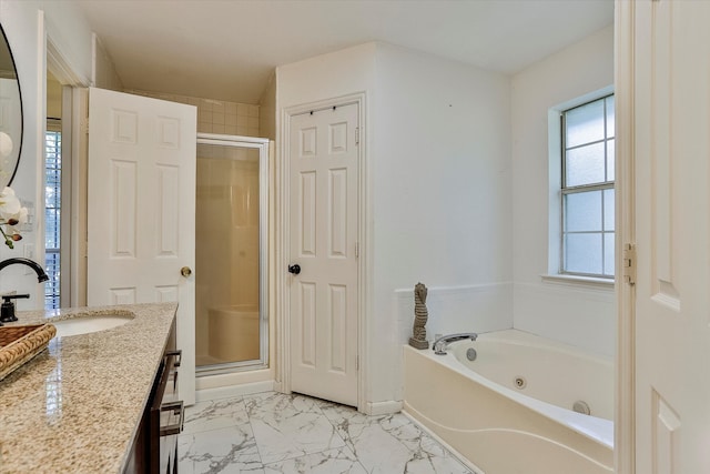 bathroom with separate shower and tub, vanity, and tile patterned floors