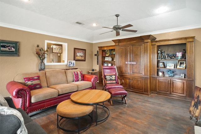 living room with ceiling fan, crown molding, and dark wood-type flooring