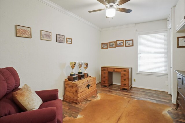 interior space featuring ceiling fan, hardwood / wood-style floors, and ornamental molding