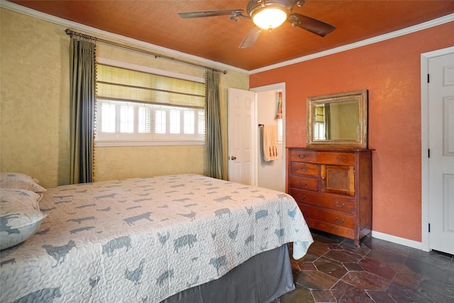 tiled bedroom featuring ceiling fan and crown molding