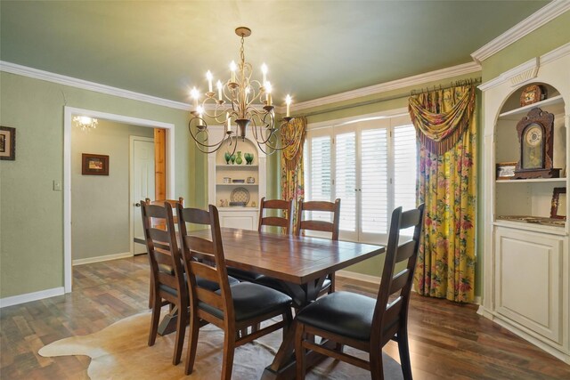 dining space featuring a notable chandelier, dark hardwood / wood-style floors, built in shelves, and ornamental molding