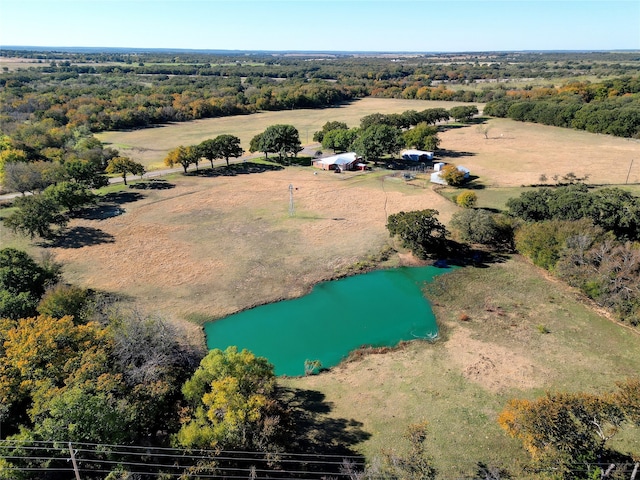 bird's eye view featuring a rural view and a water view