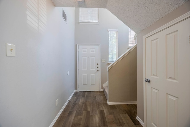 interior space with lofted ceiling, a textured ceiling, and dark hardwood / wood-style flooring