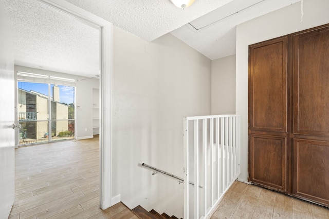 hallway featuring a textured ceiling and light hardwood / wood-style flooring