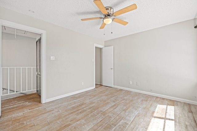 unfurnished bedroom featuring ceiling fan, light hardwood / wood-style floors, a textured ceiling, and a closet