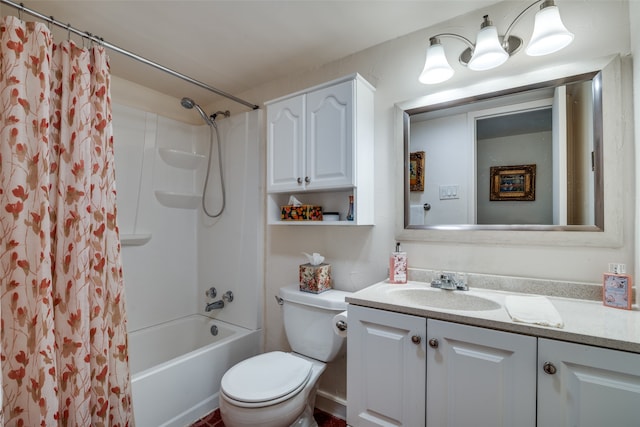 full bathroom featuring toilet, vanity, and shower / bathtub combination with curtain