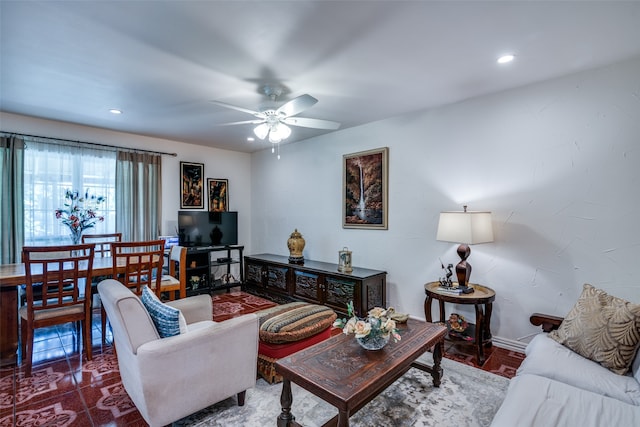 living room with ceiling fan