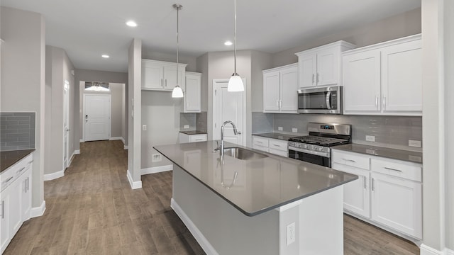 kitchen featuring stainless steel appliances, decorative backsplash, sink, an island with sink, and wood-type flooring