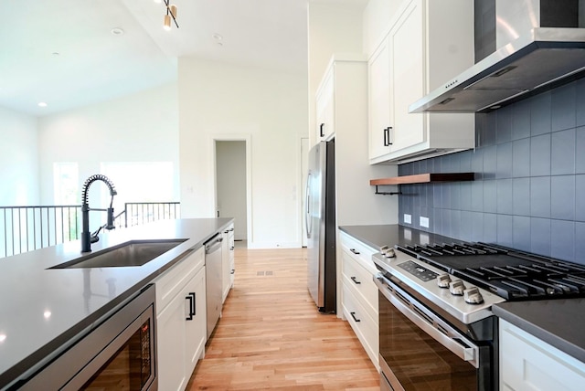 kitchen with tasteful backsplash, ventilation hood, stainless steel appliances, sink, and white cabinetry