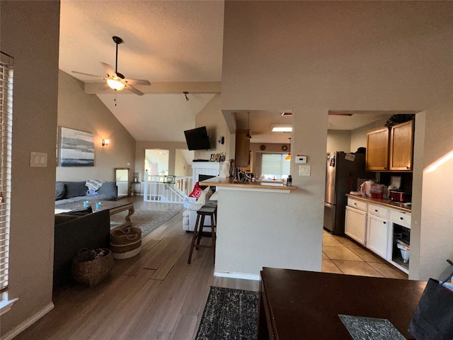 interior space with ceiling fan, high vaulted ceiling, and light hardwood / wood-style floors