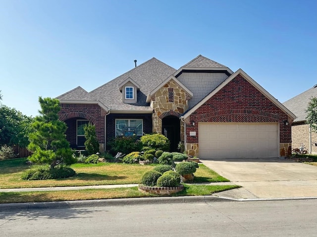 traditional-style house with brick siding, stone siding, roof with shingles, concrete driveway, and an attached garage