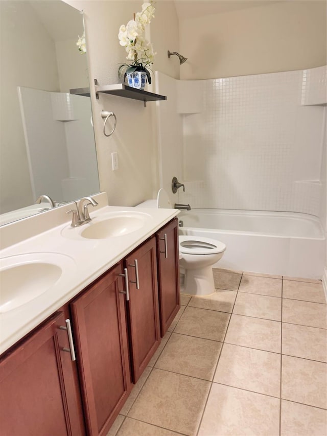 full bath with double vanity, shower / bathing tub combination, tile patterned flooring, and a sink