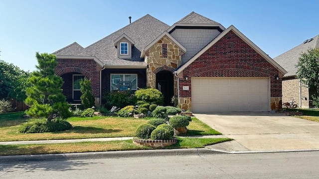 traditional-style home with brick siding, roof with shingles, driveway, and stone siding