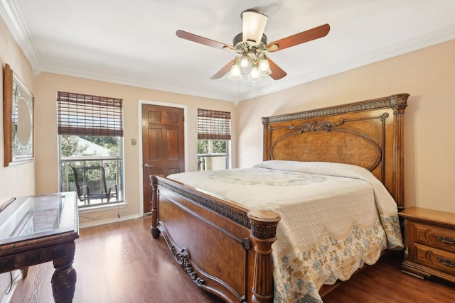 bedroom featuring hardwood / wood-style flooring, multiple windows, and ornamental molding