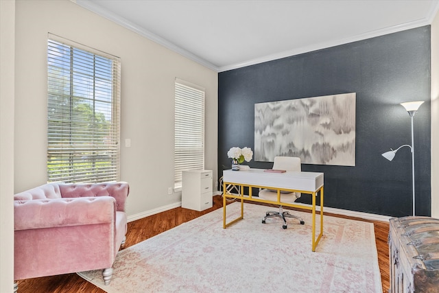 home office featuring ornamental molding and wood-type flooring