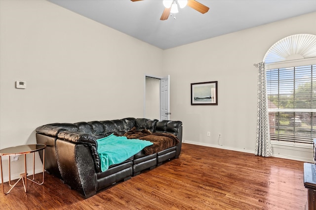 living room with ceiling fan and wood-type flooring