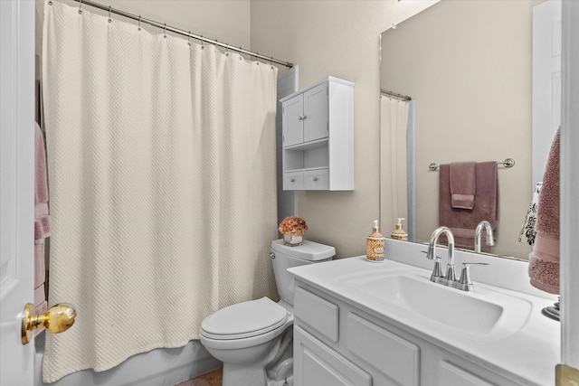 full bathroom with toilet, vanity, and shower / bathtub combination with curtain