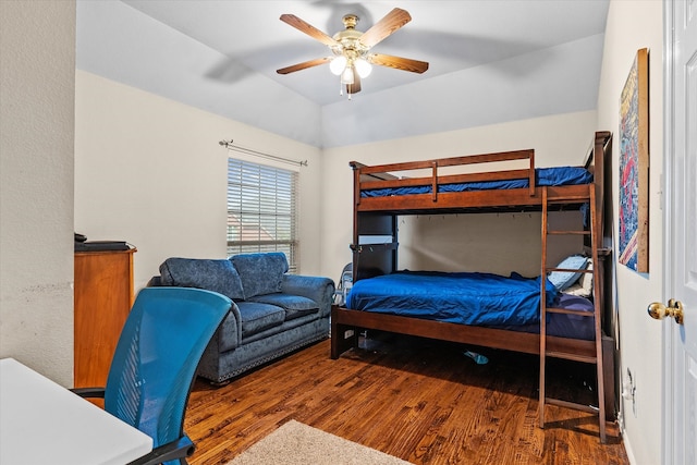 bedroom featuring hardwood / wood-style flooring and ceiling fan