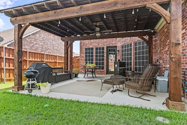 view of patio / terrace featuring ceiling fan, a pergola, and a grill