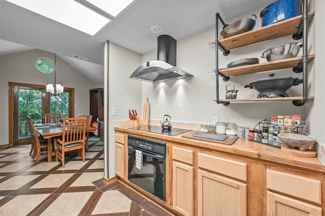 kitchen featuring wall chimney exhaust hood, black appliances, light tile patterned floors, wood counters, and vaulted ceiling