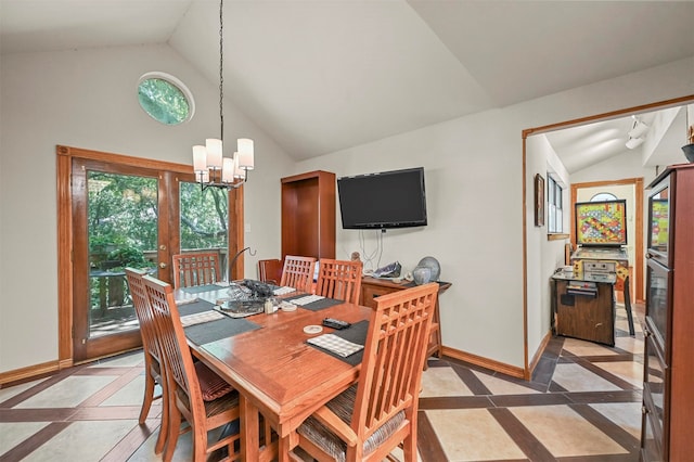 dining room featuring high vaulted ceiling, light tile patterned flooring, and a chandelier