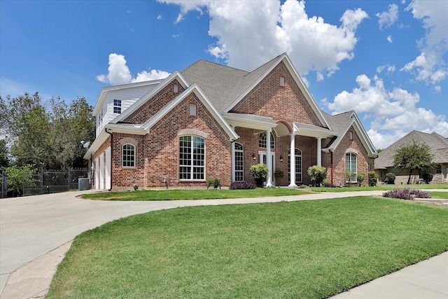 view of front of property with central air condition unit and a front lawn