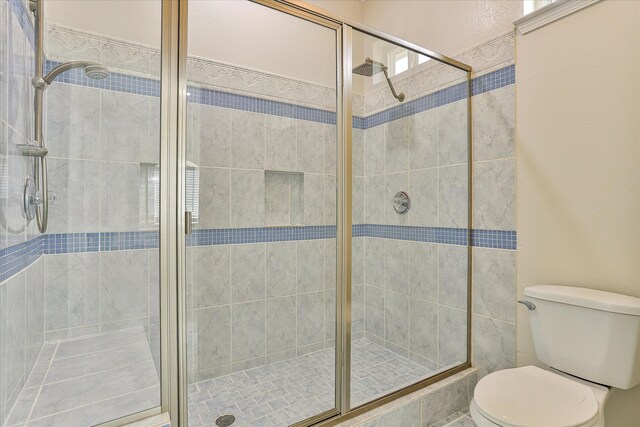 bathroom featuring toilet, a shower with door, and tile walls