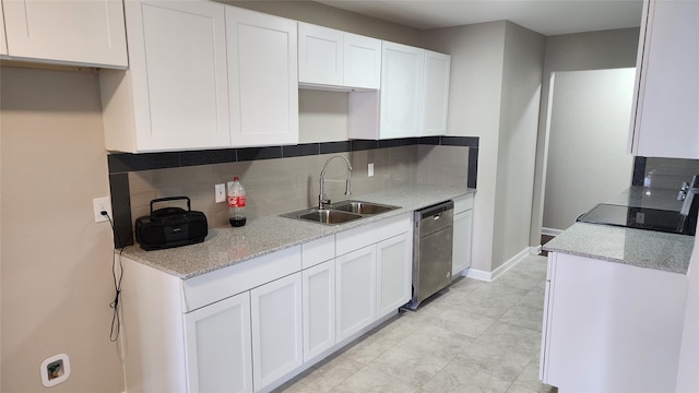 kitchen featuring sink, decorative backsplash, stainless steel dishwasher, and white cabinets