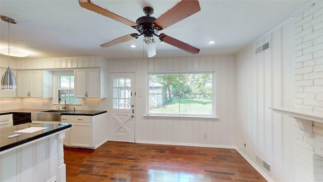 kitchen with ceiling fan, dark hardwood / wood-style floors, sink, and pendant lighting