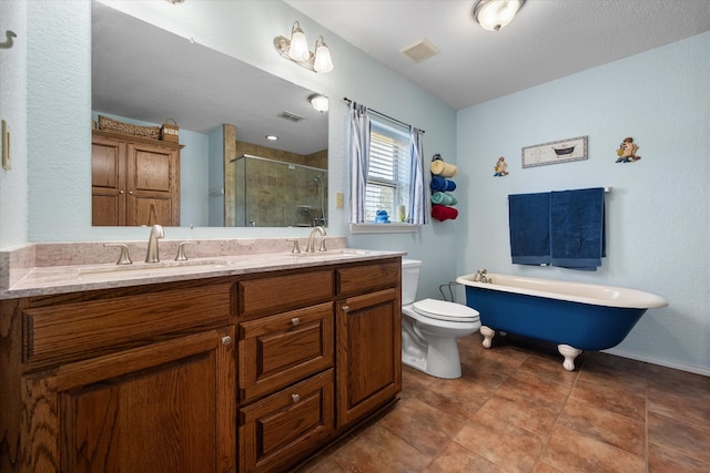 full bathroom featuring vanity, plus walk in shower, toilet, and tile patterned floors