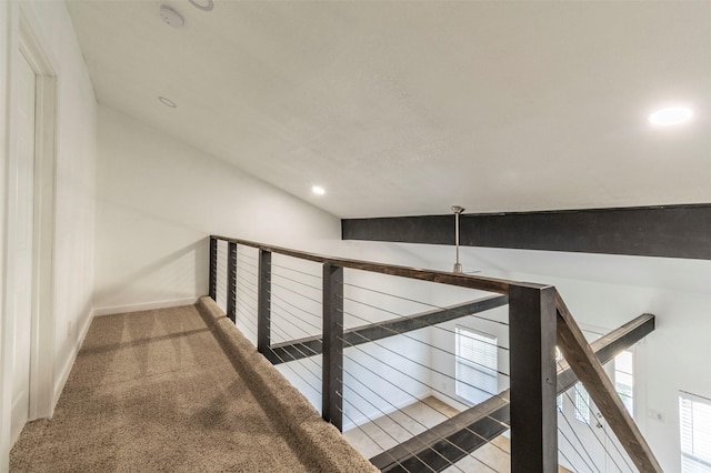 hallway with recessed lighting, carpet, an upstairs landing, and baseboards