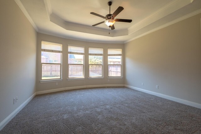 spare room with ceiling fan, carpet flooring, ornamental molding, and a tray ceiling