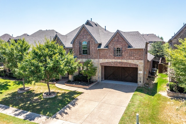 view of front of home featuring central air condition unit, a front yard, and a garage