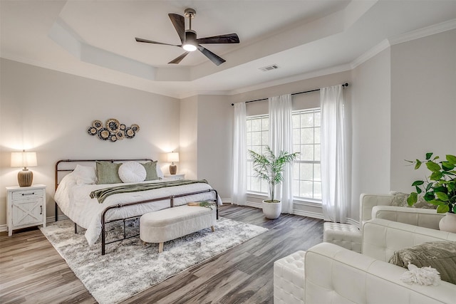 bedroom with multiple windows, a tray ceiling, and ceiling fan