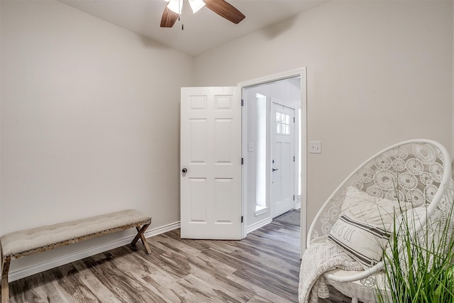 foyer entrance with hardwood / wood-style flooring and ceiling fan