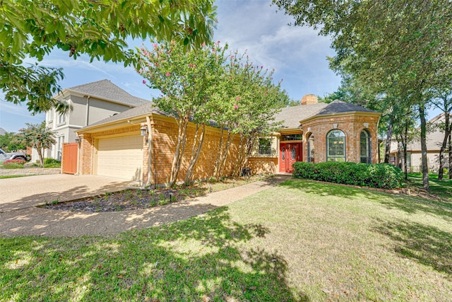 view of front of home featuring a front yard and a garage