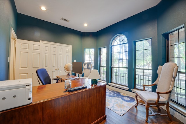 home office featuring dark wood-type flooring