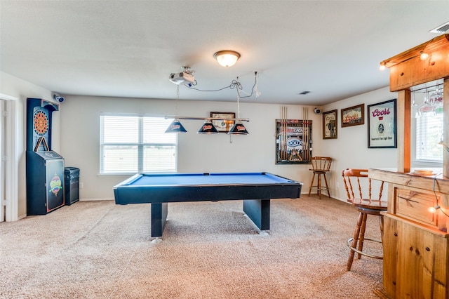 rec room with pool table and carpet