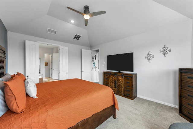 bedroom featuring ceiling fan, light carpet, and lofted ceiling